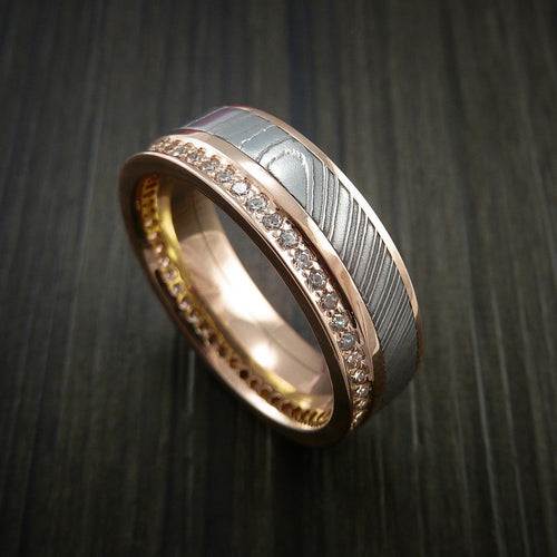 Obsidian XI - Rose Gold Eternity Band, Damascus Steel Men's Wedding Ring with 30+ Moissanite Stones - Nura Lab
