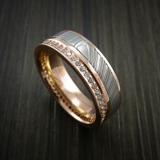 Obsidian XI - Rose Gold Eternity Band, Damascus Steel Men's Wedding Ring with 30+ Moissanite Stones - Nura Lab
