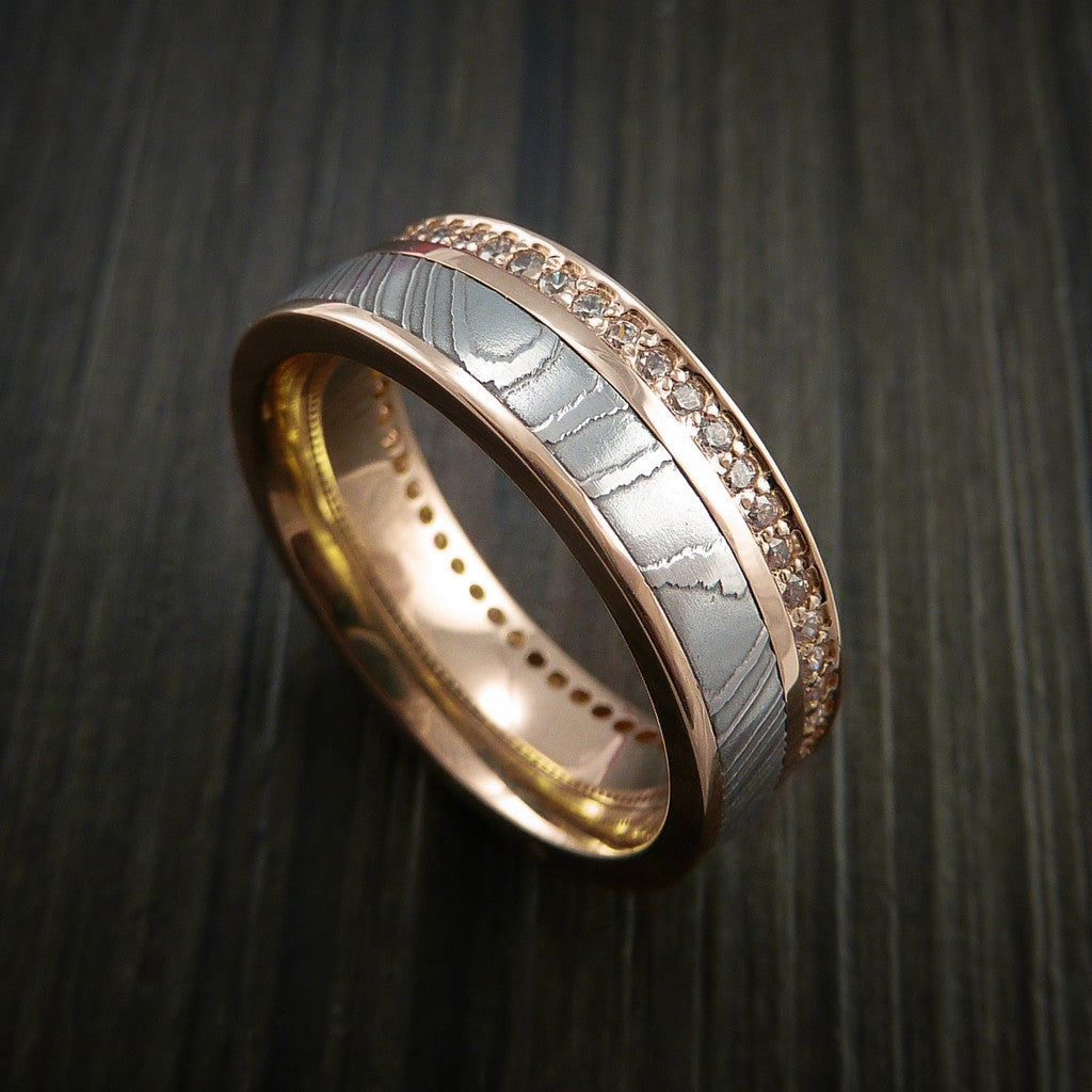 Obsidian XI - Rose Gold Eternity Band, Damascus Steel Men's Wedding Ring with 30+ Moissanite Stones - view 2 - Nura Lab