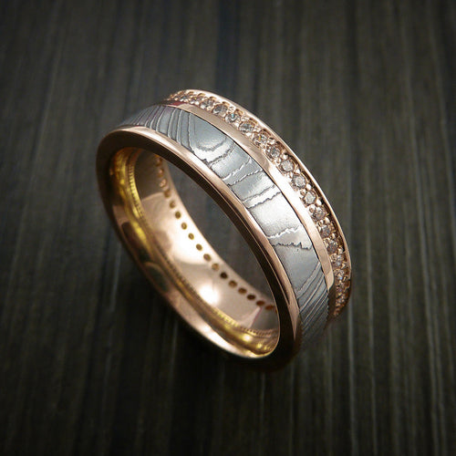 Obsidian XI - Rose Gold Eternity Band, Damascus Steel Men's Wedding Ring with 30+ Moissanite Stones - view 2 - Nura Lab