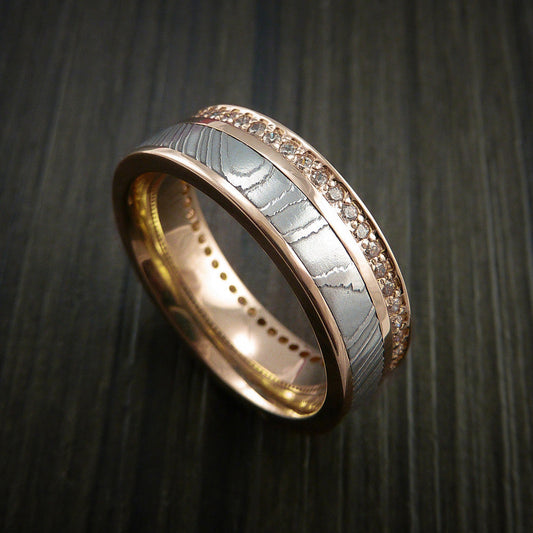 Obsidian XI - Rose Gold Eternity Band, Damascus Steel Men's Wedding Ring with 30+ Moissanite Stones - view 2 - Nura Lab