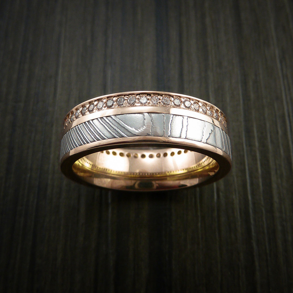 Obsidian XI - Rose Gold Eternity Band, Damascus Steel Men's Wedding Ring with 30+ Moissanite Stones - view 3 - Nura Lab