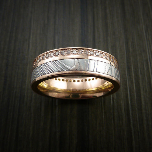 Obsidian XI - Rose Gold Eternity Band, Damascus Steel Men's Wedding Ring with 30+ Moissanite Stones - view 3 - Nura Lab