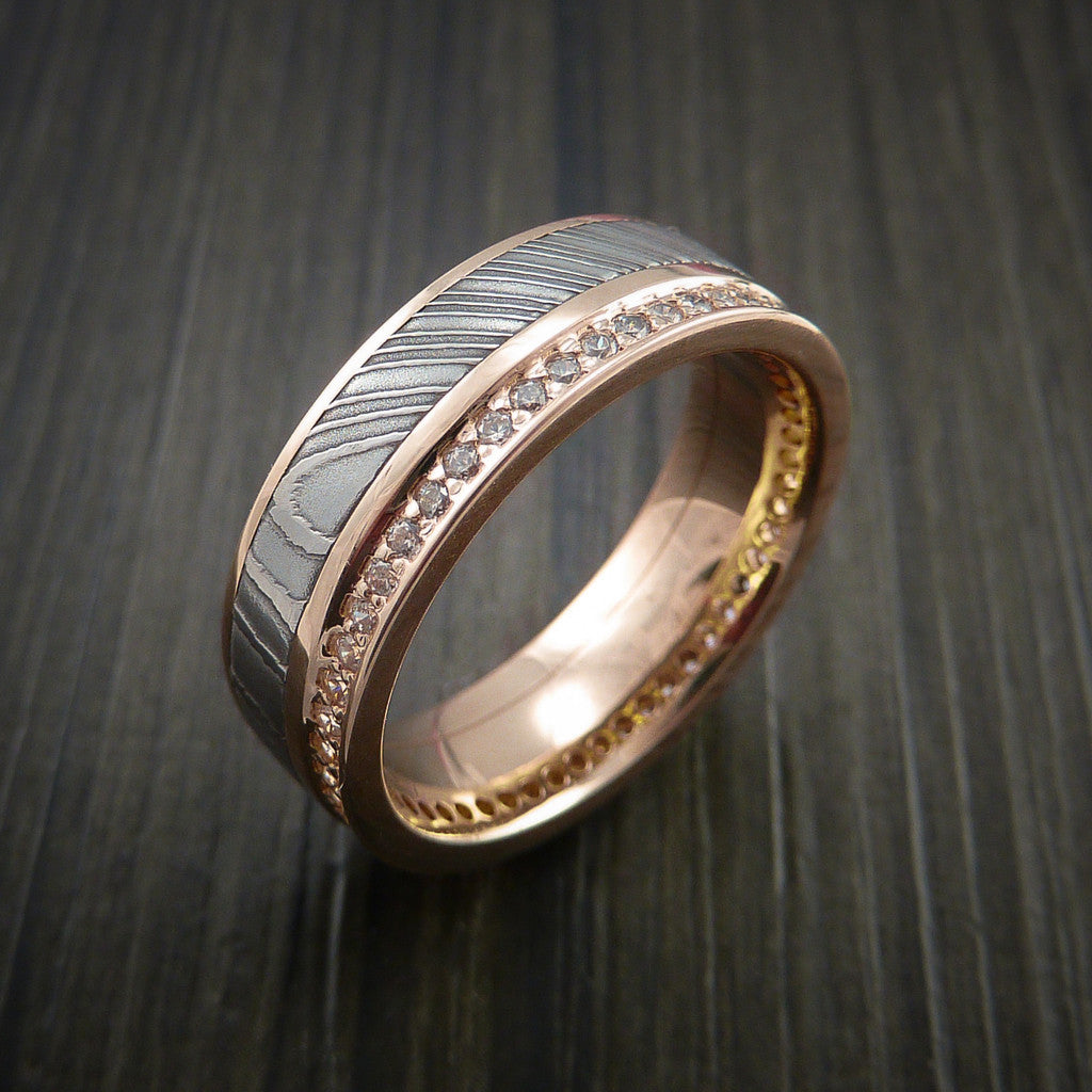 Obsidian XI - Rose Gold Eternity Band, Damascus Steel Men's Wedding Ring with 30+ Moissanite Stones - view 4 - Nura Lab