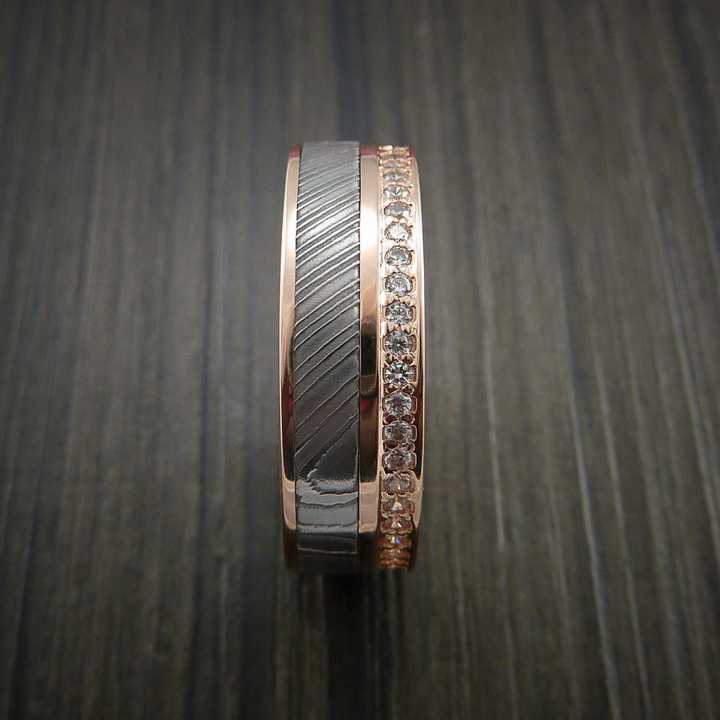 Obsidian XI - Rose Gold Eternity Band, Damascus Steel Men's Wedding Ring with 30+ Moissanite Stones - view 5 - Nura Lab