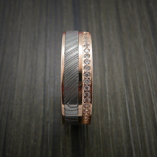 Obsidian XI - Rose Gold Eternity Band, Damascus Steel Men's Wedding Ring with 30+ Moissanite Stones - view 5 - Nura Lab