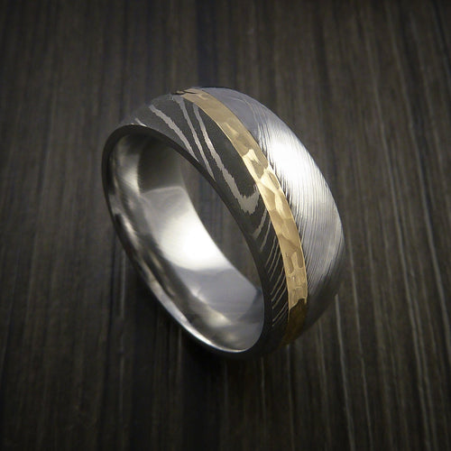 Ridge XI - Damascus Steel Diagonal 14K Yellow Gold Men's Ring Wedding Ring - Nura Lab