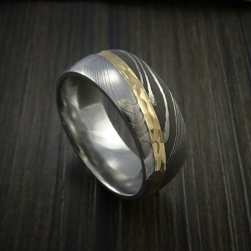 Ridge XI - Damascus Steel Diagonal 14K Yellow Gold Men's Ring Wedding Ring - view 2 - Nura Lab