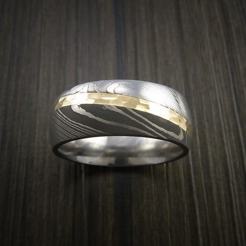 Ridge XI - Damascus Steel Diagonal 14K Yellow Gold Men's Ring Wedding Ring - view 3 - Nura Lab