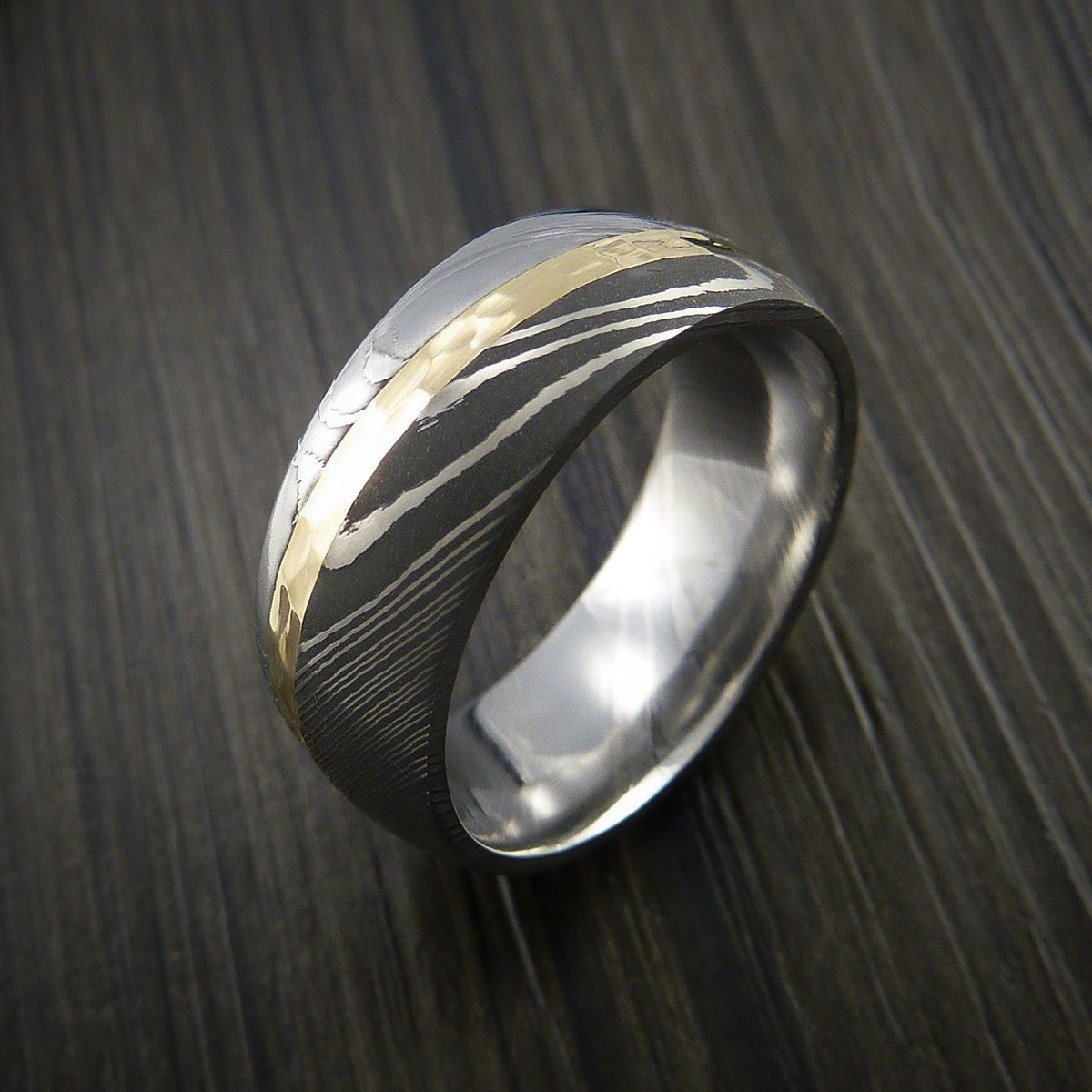 Ridge XI - Damascus Steel Diagonal 14K Yellow Gold Men's Ring Wedding Ring - view 5 - Nura Lab