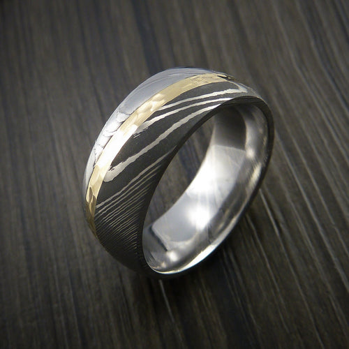 Ridge XI - Damascus Steel Diagonal 14K Yellow Gold Men's Ring Wedding Ring - view 5 - Nura Lab