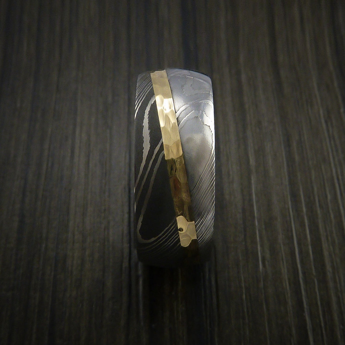 Ridge XI - Damascus Steel Diagonal 14K Yellow Gold Men's Ring Wedding Ring - view 4 - Nura Lab