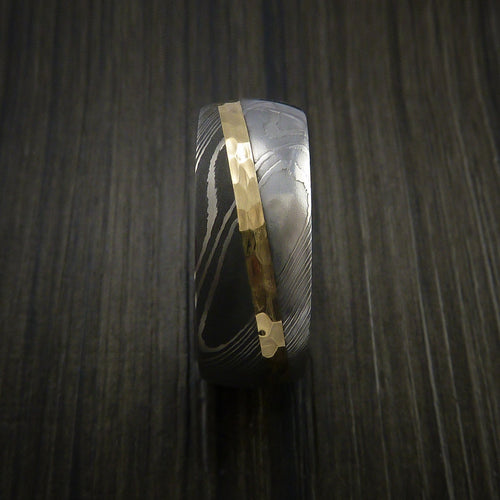 Ridge XI - Damascus Steel Diagonal 14K Yellow Gold Men's Ring Wedding Ring - view 4 - Nura Lab
