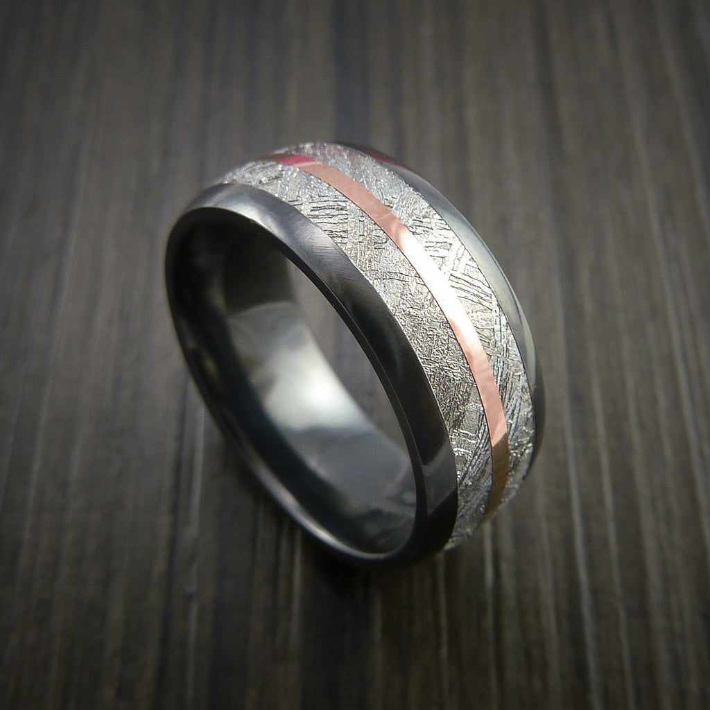 King James XVII - Gibeon Meteorite in Black Zirconium Band with 14K Rose Gold Men's Wedding Ring - Nura Lab