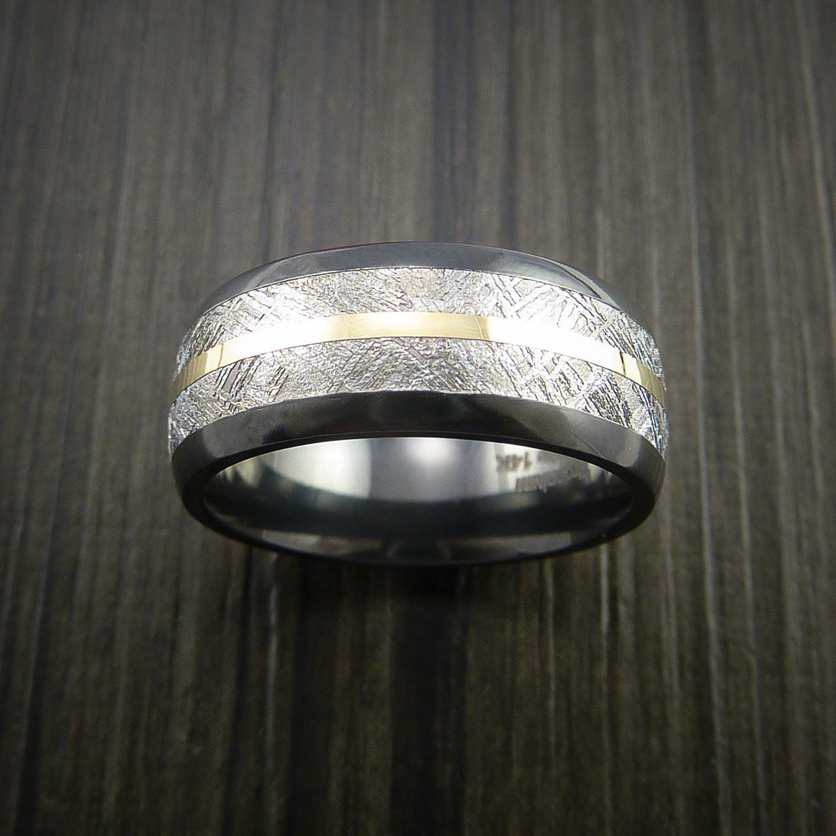 Knight XVII - Gibeon Meteorite in Black Zirconium Band with 14K Yellow Gold Men's Wedding Ring - view 2 - Nura Lab