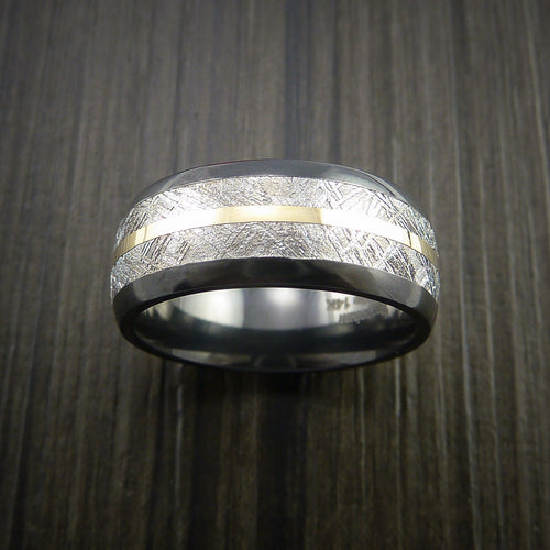 Knight XVII - Gibeon Meteorite in Black Zirconium Band with 14K Yellow Gold Men's Wedding Ring - view 2 - Nura Lab