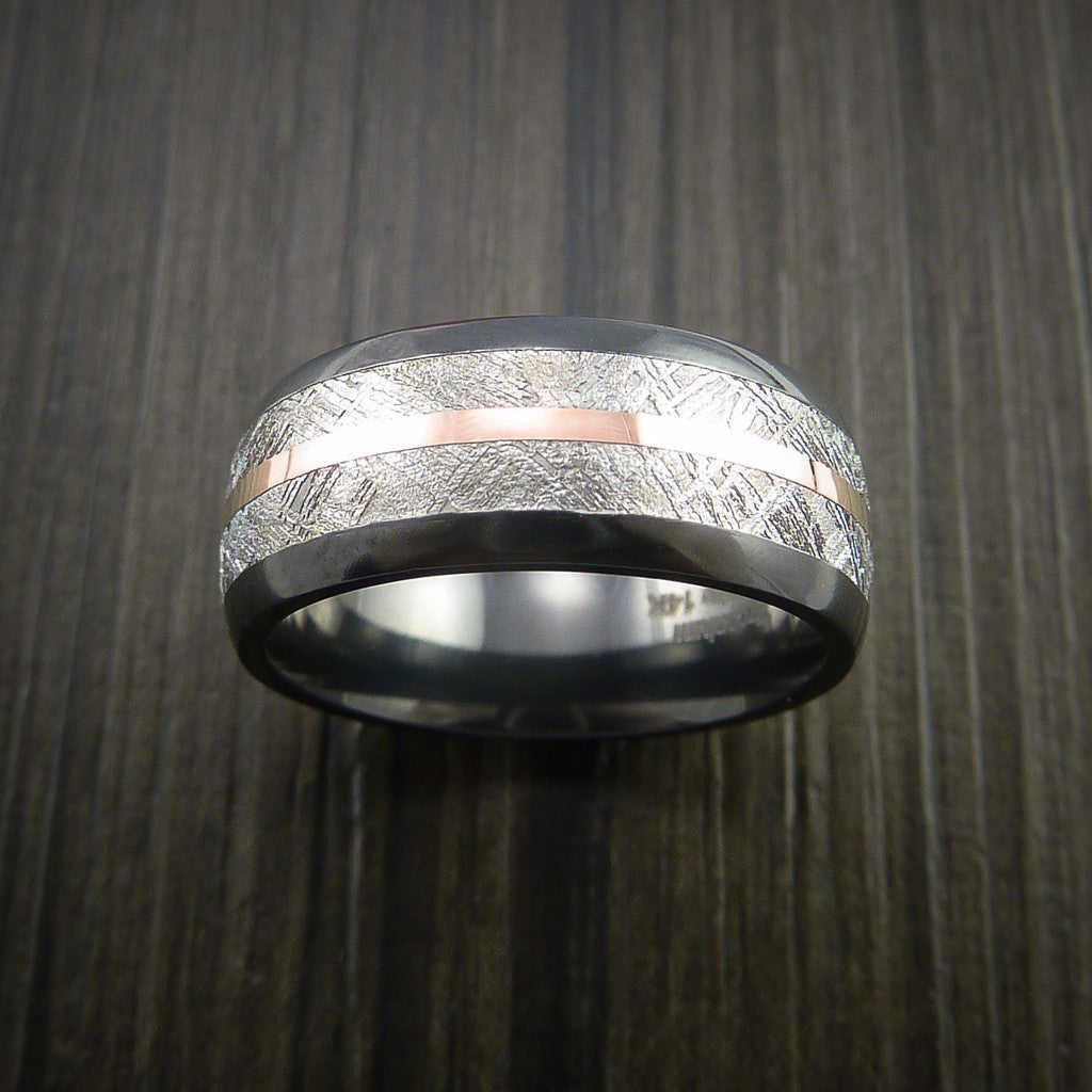 King James XVII - Gibeon Meteorite in Black Zirconium Band with 14K Rose Gold Men's Wedding Ring - view 2 - Nura Lab