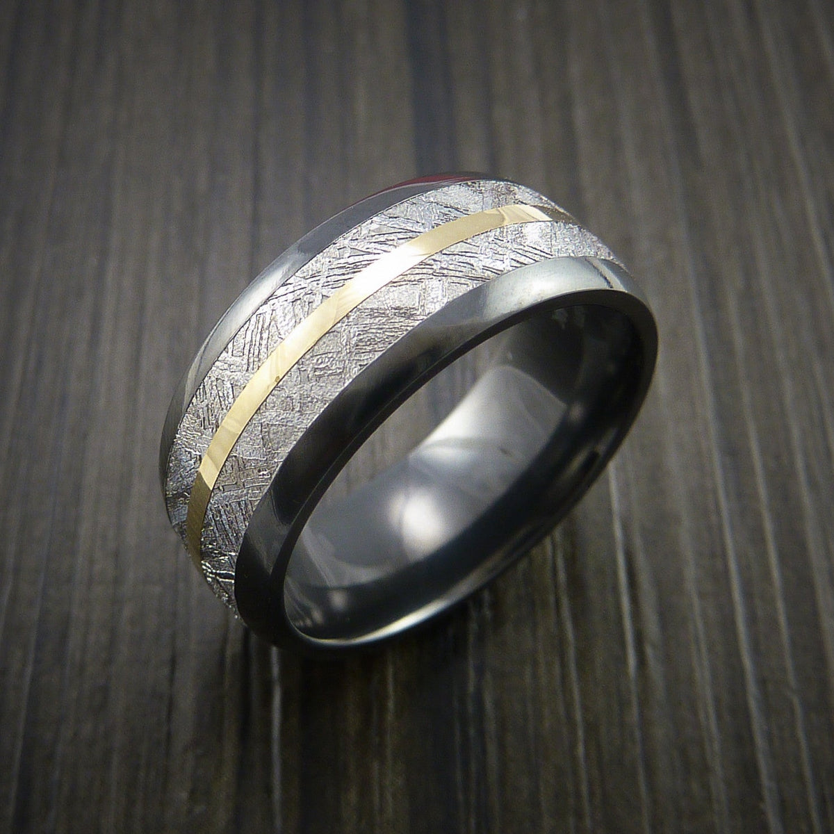 Knight XVII - Gibeon Meteorite in Black Zirconium Band with 14K Yellow Gold Men's Wedding Ring - view 3 - Nura Lab
