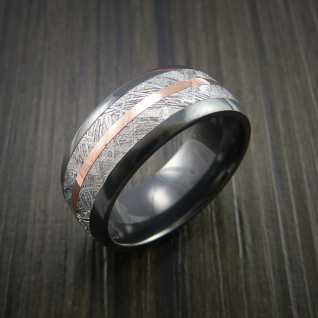 King James XVII - Gibeon Meteorite in Black Zirconium Band with 14K Rose Gold Men's Wedding Ring - view 4 - Nura Lab