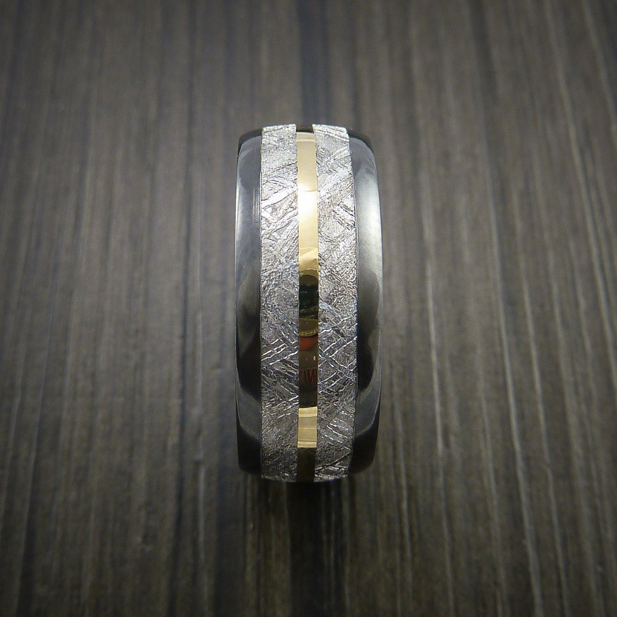 Knight XVII - Gibeon Meteorite in Black Zirconium Band with 14K Yellow Gold Men's Wedding Ring - view 4 - Nura Lab