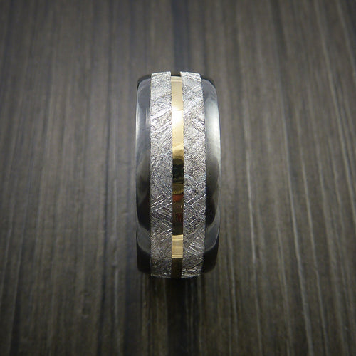 Knight XVII - Gibeon Meteorite in Black Zirconium Band with 14K Yellow Gold Men's Wedding Ring - view 4 - Nura Lab