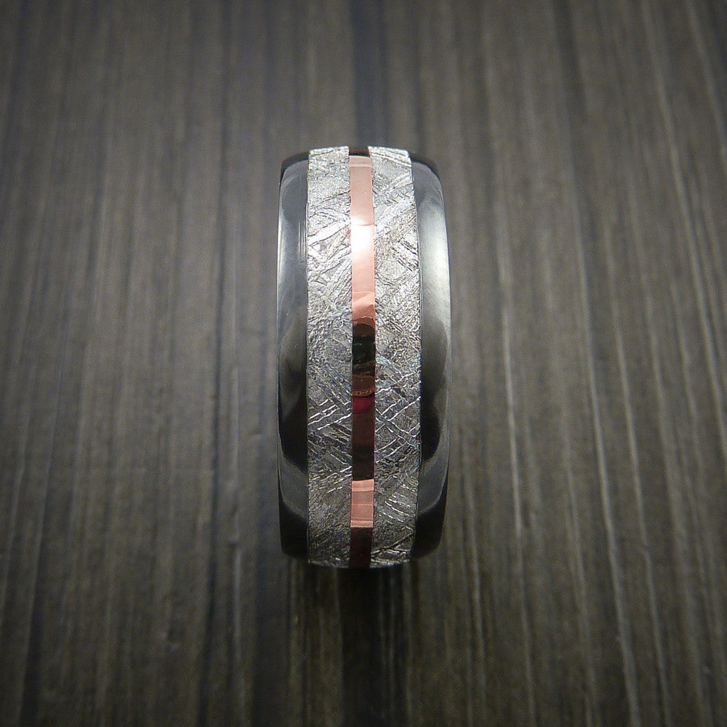 King James XVII - Gibeon Meteorite in Black Zirconium Band with 14K Rose Gold Men's Wedding Ring - view 3 - Nura Lab