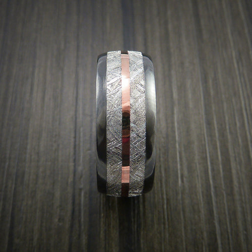 King James XVII - Gibeon Meteorite in Black Zirconium Band with 14K Rose Gold Men's Wedding Ring - view 3 - Nura Lab