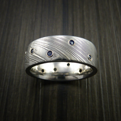 Maverick XI - Damascus Steel Men's Wedding Ring with Bezel Set Blue Sapphires Custom Band - view 3 - Nura Lab