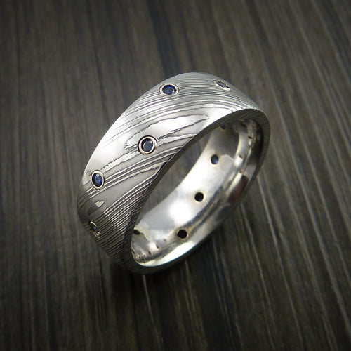 Maverick XI - Damascus Steel Men's Wedding Ring with Bezel Set Blue Sapphires Custom Band - view 4 - Nura Lab