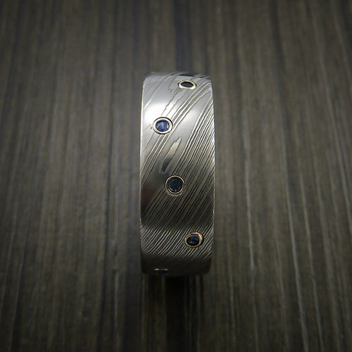 Maverick XI - Damascus Steel Men's Wedding Ring with Bezel Set Blue Sapphires Custom Band - view 5 - Nura Lab