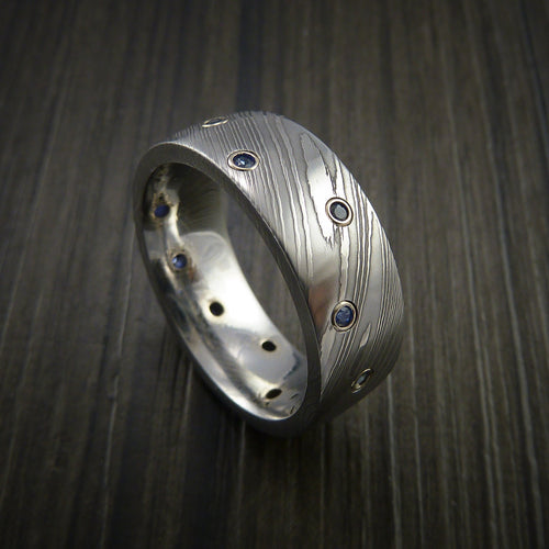 Maverick XI - Damascus Steel Men's Wedding Ring with Bezel Set Blue Sapphires Custom Band - Nura Lab