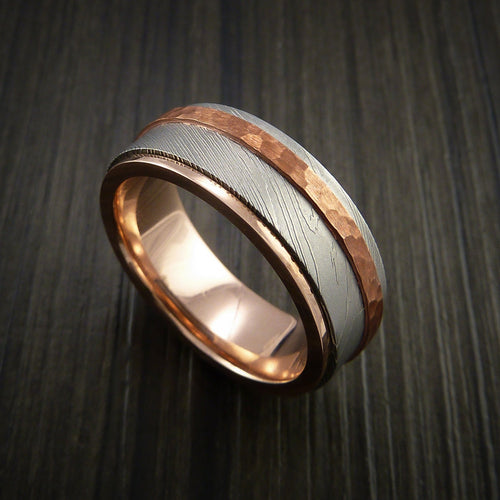 Everest IX - Damascus Steel 14K Gold Men's Wedding Ring with Hammered Copper Inlay - Nura Lab