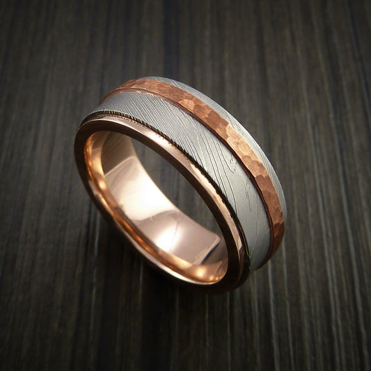 Everest IX - Damascus Steel 14K Gold Men's Wedding Ring with Hammered Copper Inlay - Nura Lab