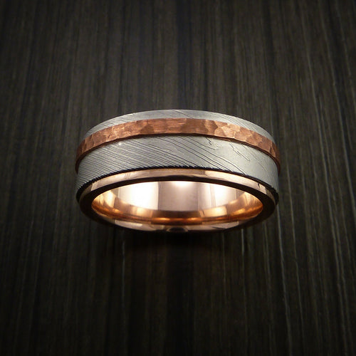 Everest IX - Damascus Steel 14K Gold Men's Wedding Ring with Hammered Copper Inlay - view 2 - Nura Lab