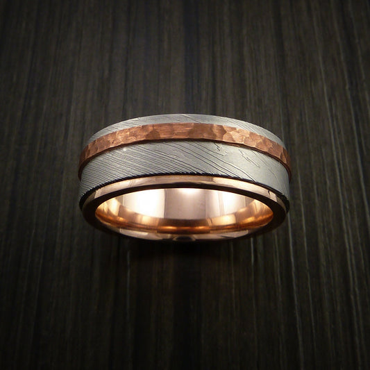 Everest IX - Damascus Steel 14K Gold Men's Wedding Ring with Hammered Copper Inlay - view 2 - Nura Lab