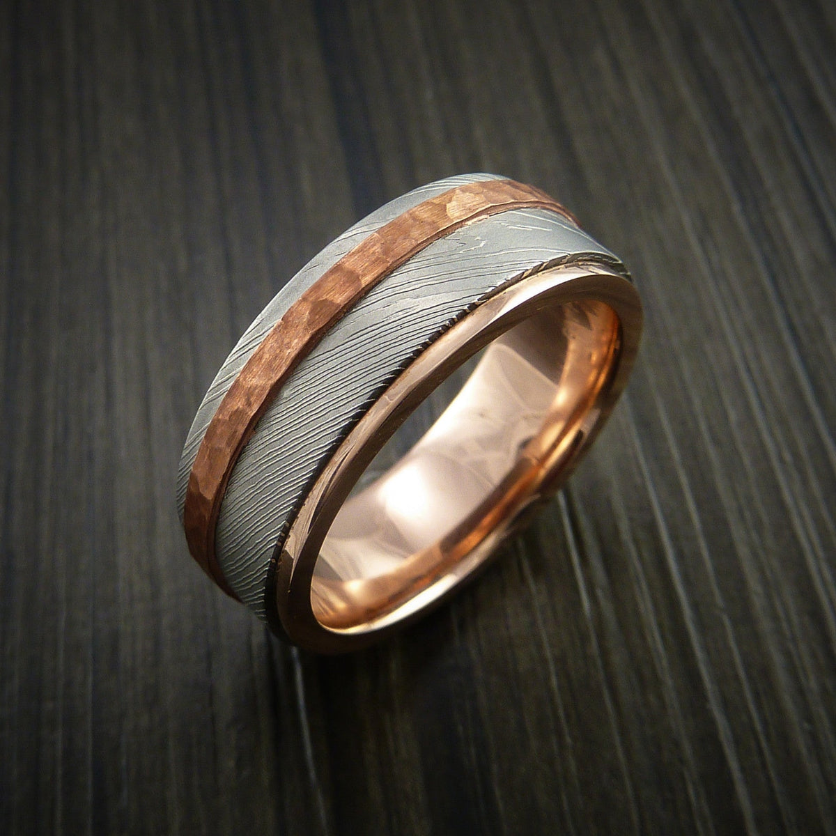 Everest IX - Damascus Steel 14K Gold Men's Wedding Ring with Hammered Copper Inlay - view 4 - Nura Lab