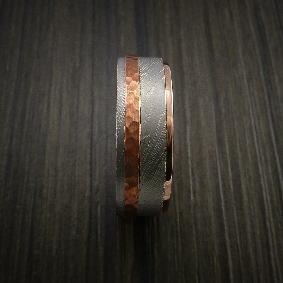 Everest IX - Damascus Steel 14K Gold Men's Wedding Ring with Hammered Copper Inlay - view 3 - Nura Lab