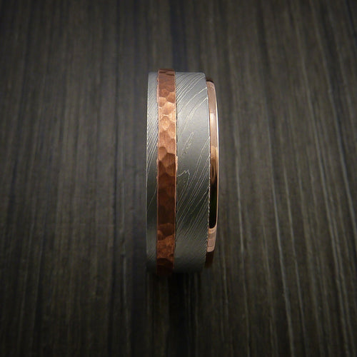 Everest IX - Damascus Steel 14K Gold Men's Wedding Ring with Hammered Copper Inlay - view 3 - Nura Lab