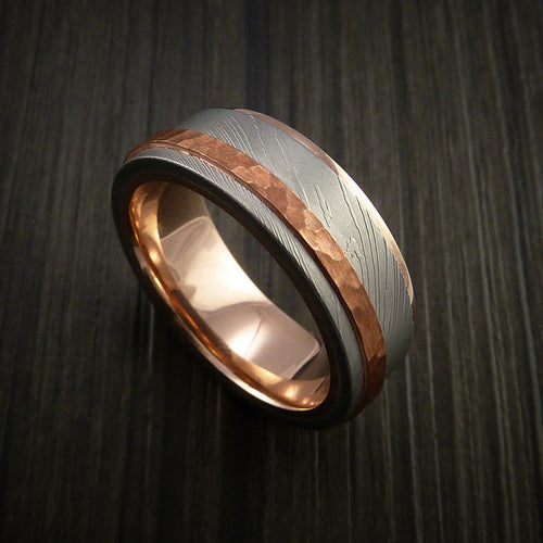 Everest IX - Damascus Steel 14K Gold Men's Wedding Ring with Hammered Copper Inlay - view 5 - Nura Lab