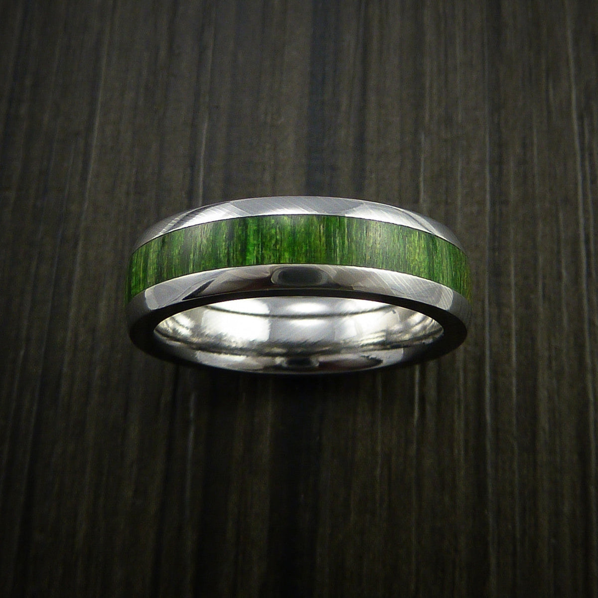 Stonehaven IX - Damascus Steel Men's Wedding Ring Inlaid with Jade Hard Wood - view 2 - Nura Lab