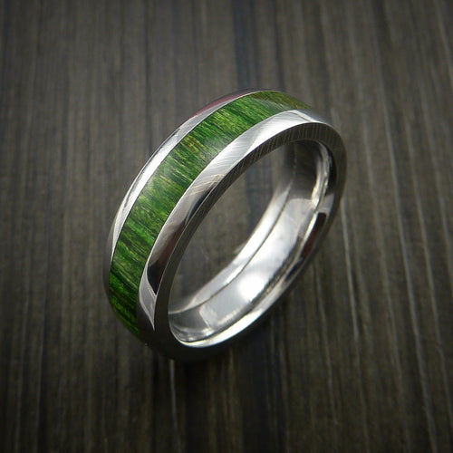 Stonehaven IX - Damascus Steel Men's Wedding Ring Inlaid with Jade Hard Wood - view 4 - Nura Lab