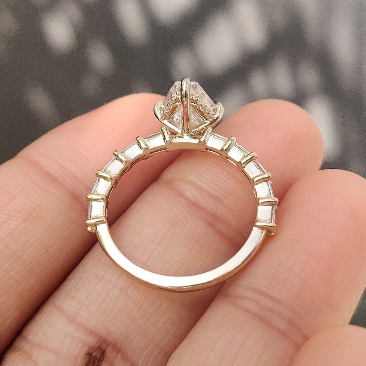 Leonora Belle - Squashed Hexagon Step Cut Ring with Baguette Cut Pave Band
