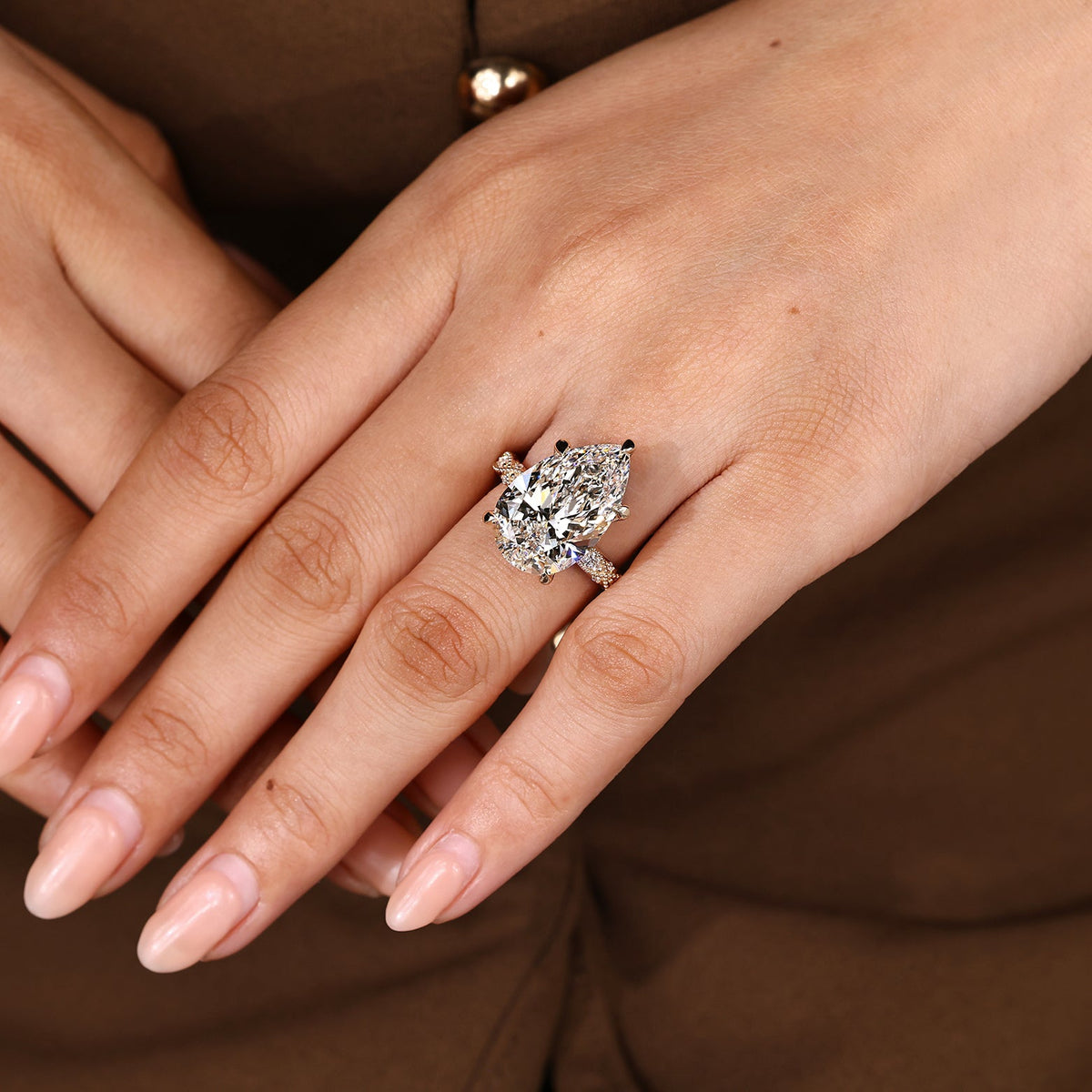 Elodie Grace - 10 Carat Pear Shaped Diamond Ring with Marquise and Round Pave