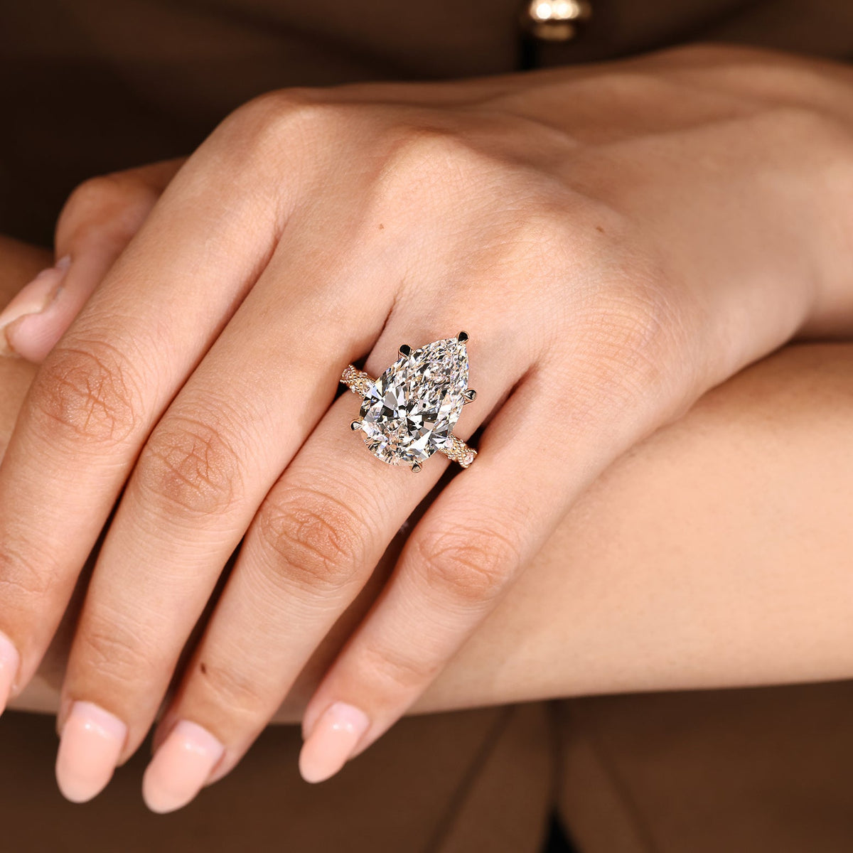 Elodie Grace - 10 Carat Pear Shaped Diamond Ring with Marquise and Round Pave