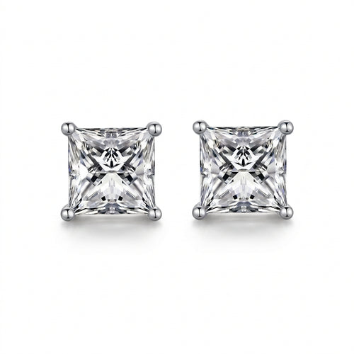 Iva Princess-Cut Moissanite Stud Earrings by Nura Lab in platinum plating over S925 sterling silver