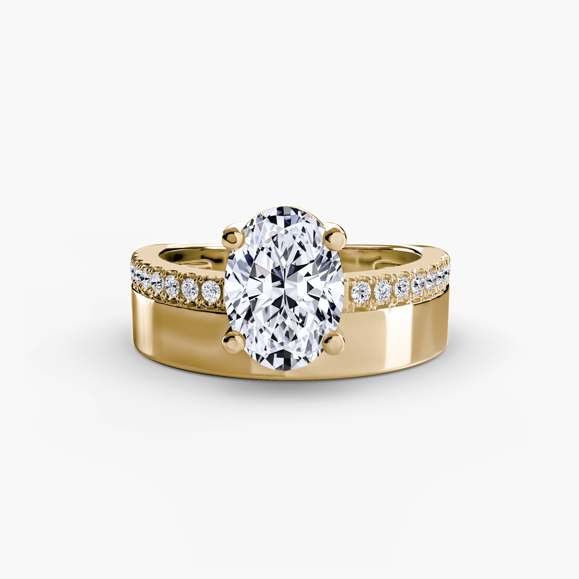 Wide Band Solitaire with Pavé Band.