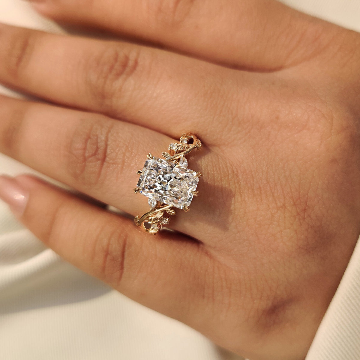 Rosalie Dawn - Radiant Cut Nature Inspired Engagement Ring with Leaf Style Prong