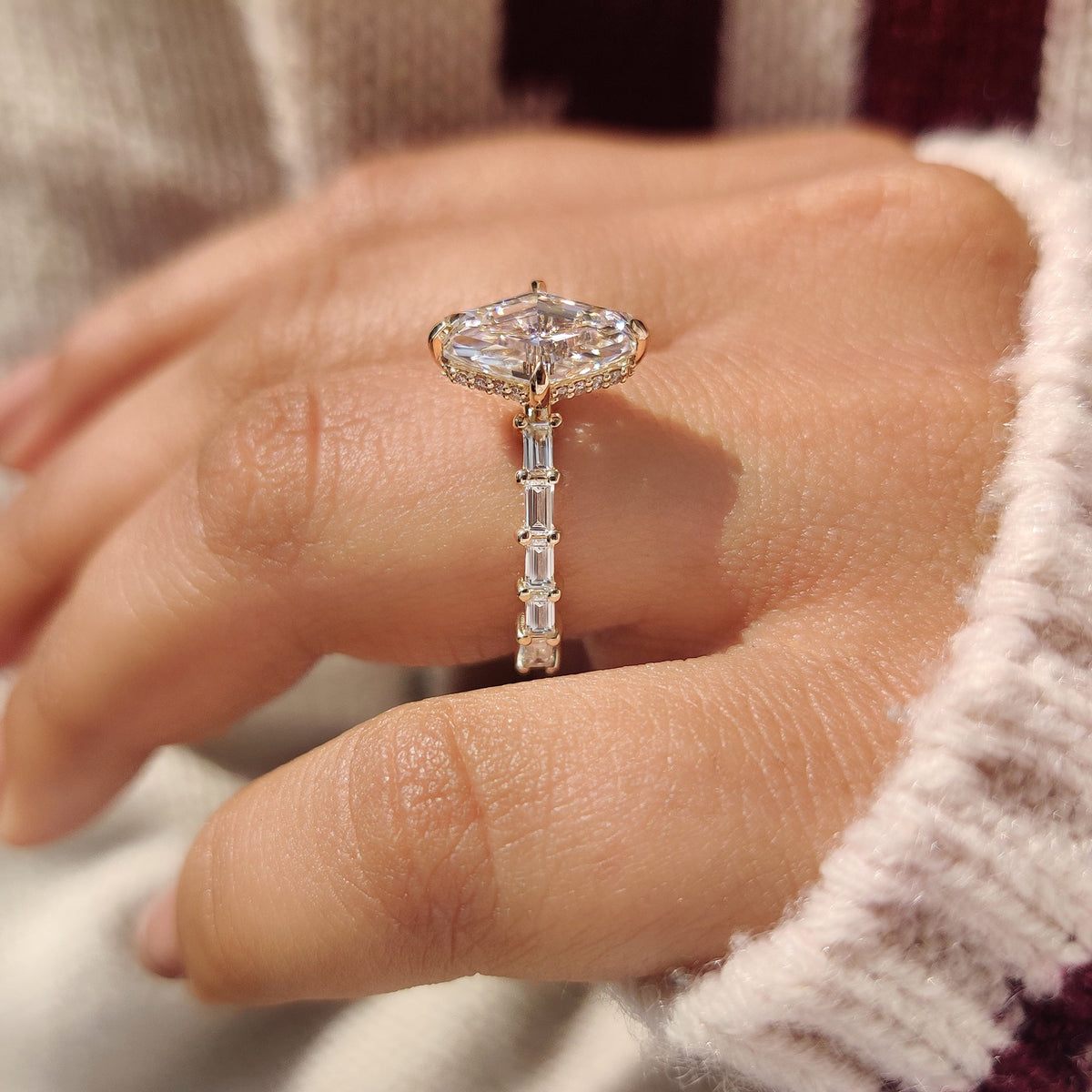Leonora Belle - Squashed Hexagon Step Cut Ring with Baguette Cut Pave Band