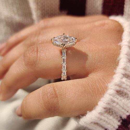 Leonora Belle - Squashed Hexagon Step Cut Ring with Baguette Cut Pave Band