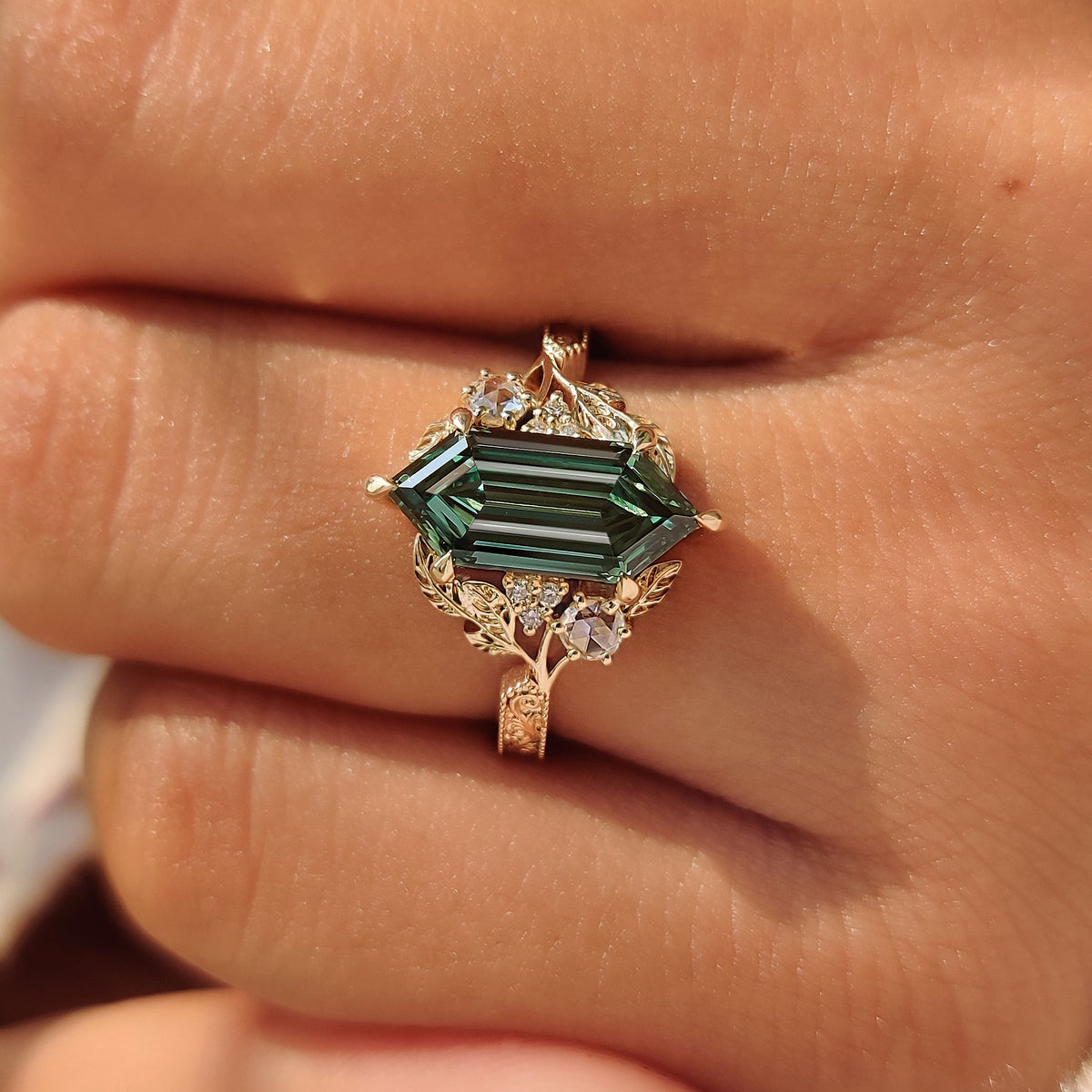 Aurelia Marie - Green Hexagon Step Cut Diamond Cluster Ring in Nature Inspired Style